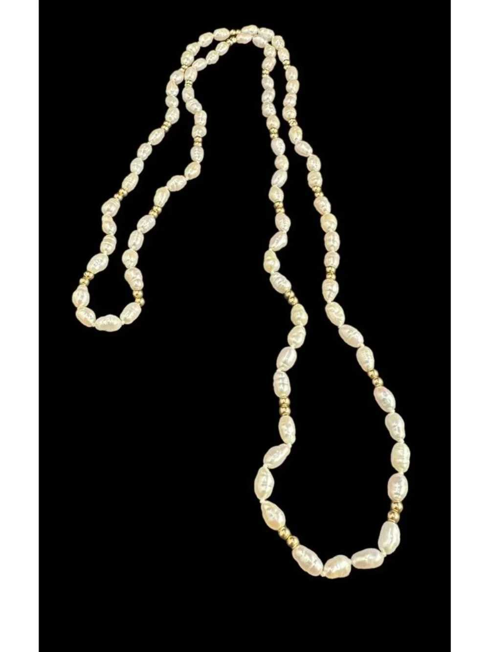 Necklace 10k Yellow Gold Beads And Rice Pearl Vintage 30 Inches Long